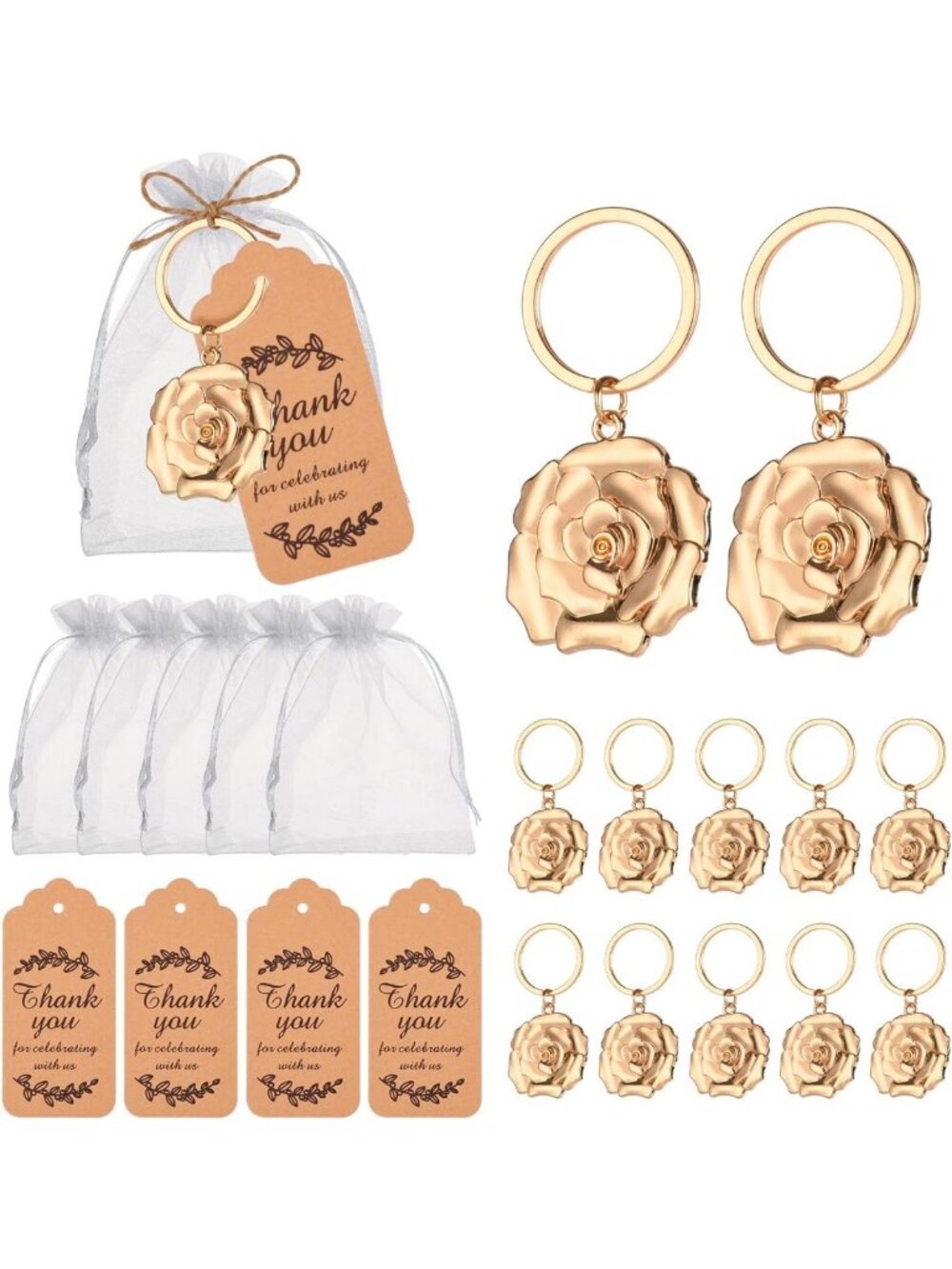 50Pcs Gold Rose Flower Keychains | Wedding & Baby Shower Favors for Guests